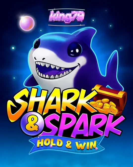 Giao diện trò chơi slot Shark & Spark Hold & Win với chú cá mập hoạt hình vui nhộn